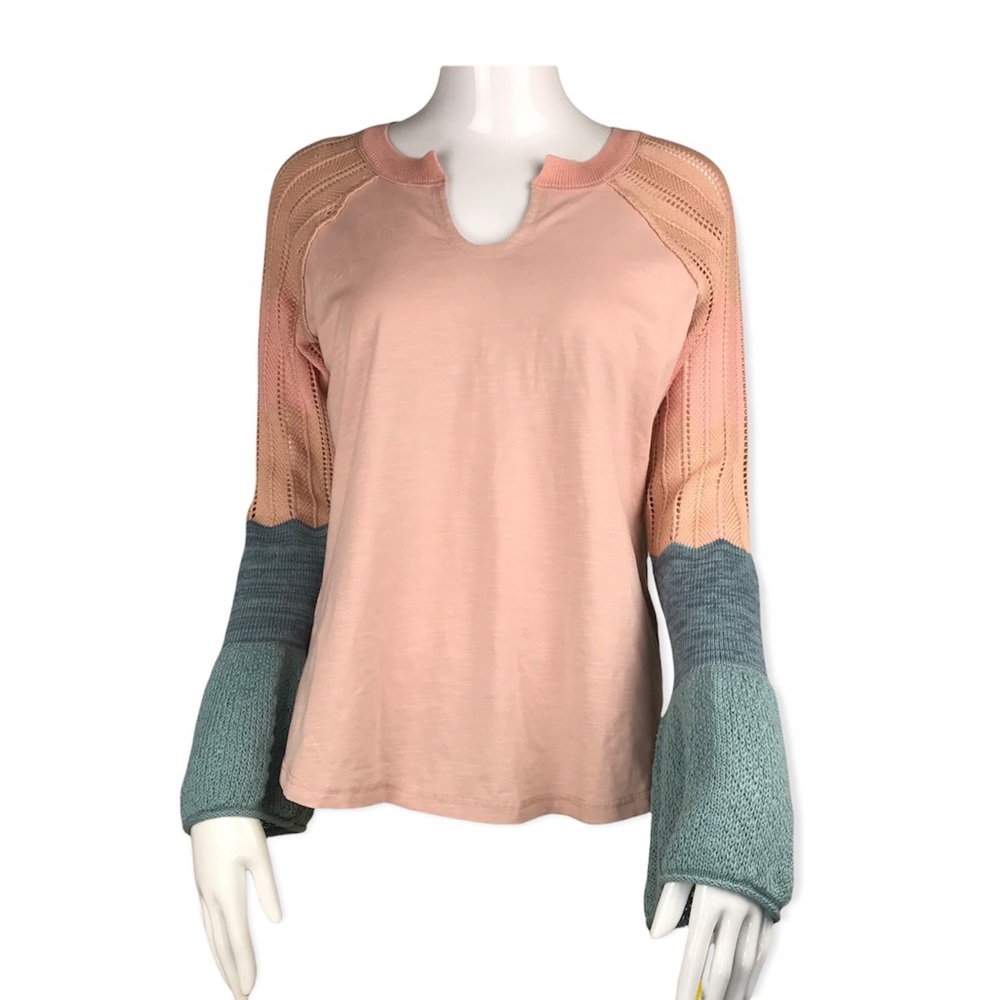 Sundance Women's Top Blouse Crochet Bell Sleeves Pink Blue